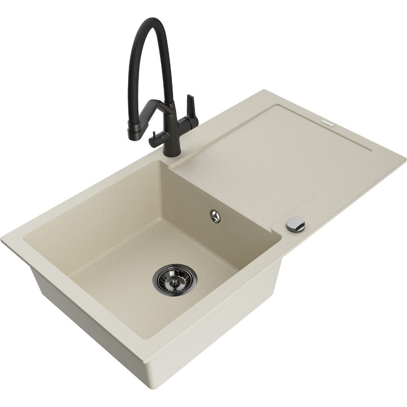 Mexen Leo lava-loiça de granito 1-câmara com escorredor e torneira de cozinha Duo, bege - 6501-69-671701-70-B