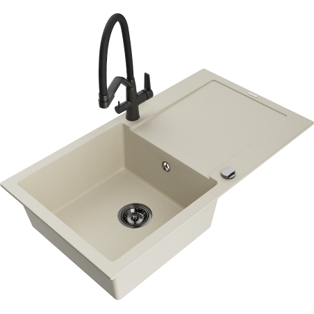 Mexen Leo granite sink 1-bowl with drainer and Duo kitchen tap, beige - 6501-69-671701-70-B