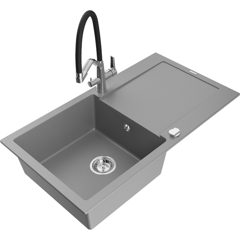 Mexen Leo fregadero de granito de 1 cubeta con escurridor y grifo de cocina Duo, gris - 6501-71-671701-07