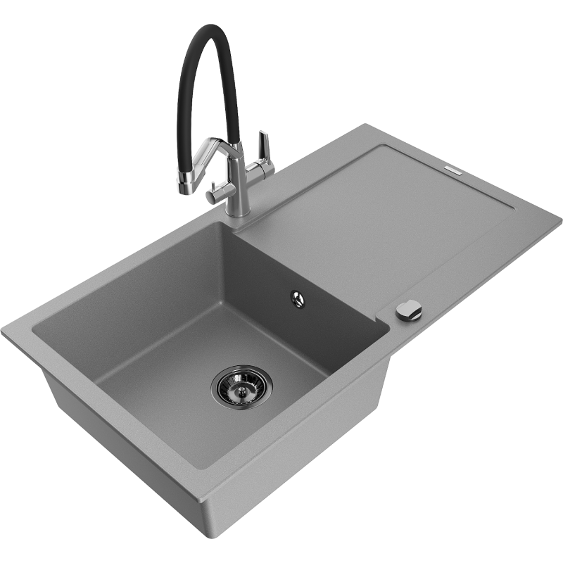 Mexen Leo fregadero de granito de 1 cubeta con escurridor y grifo de cocina Duo, gris - 6501-71-671701-07-B