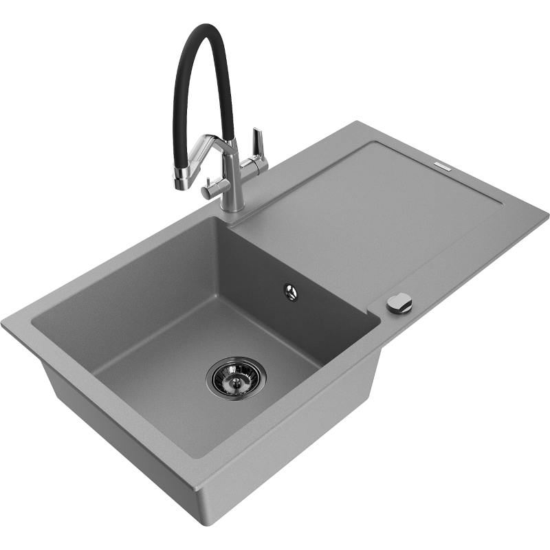 Mexen Leo lava-loiça de granito de uma cuba com escorredor e torneira de cozinha Duo, cinzento - 6501-71-671701-07-B