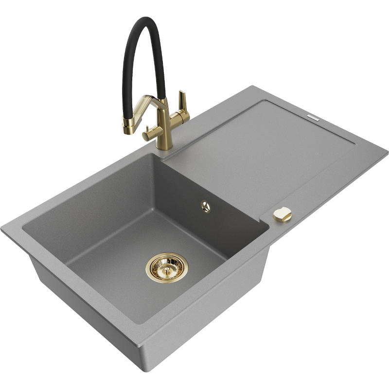 Mexen Leo 1-kameru granīta izlietne ar noteces vietu un virtuves krānu Duo, pelēka - 6501-71-671701-57-G