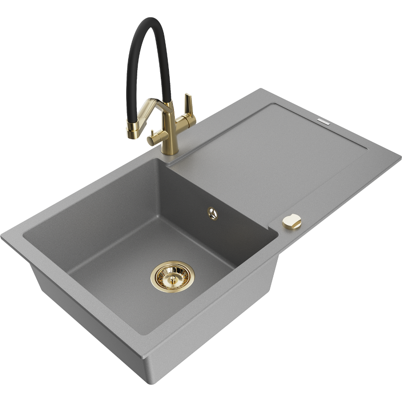 Mexen Leo granite kitchen sink 1-bowl with drainer and Duo kitchen tap, grey - 6501-71-671701-57-G