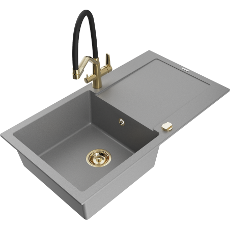 Mexen Leo 1-kameru granīta izlietne ar noteces vietu un virtuves krānu Duo, pelēka - 6501-71-671701-57-G