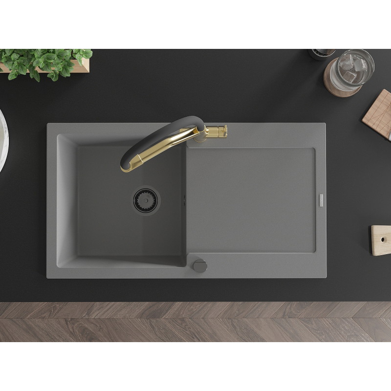 Mexen Leo granitische 1-bak gootsteen met afdruiprek en keukenmengkraan Duo, grijs - 6501-71-671701-57-B