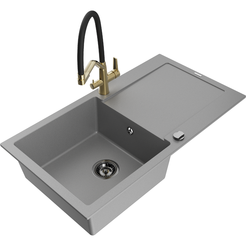 Mexen Leo granite sink 1-bowl with drainer and Duo kitchen tap, grey - 6501-71-671701-57-B