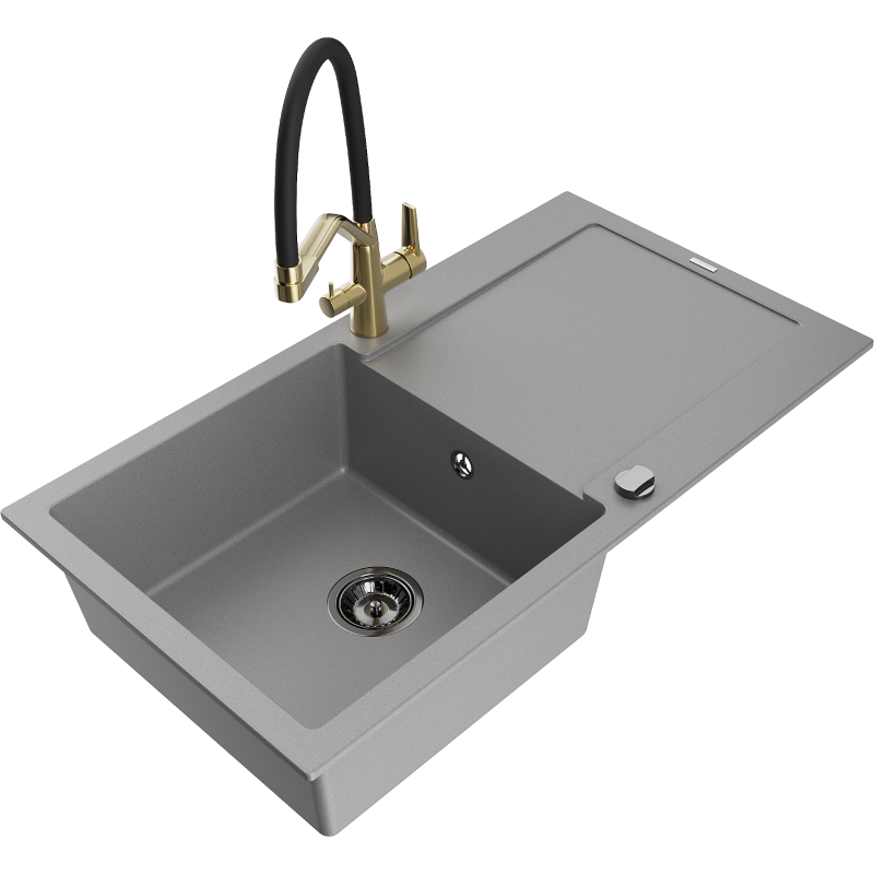 Mexen Leo granitizlietne izlietne ar 1 kameru un ūdens krānu Duo, pelēka - 6501-71-671701-57-B