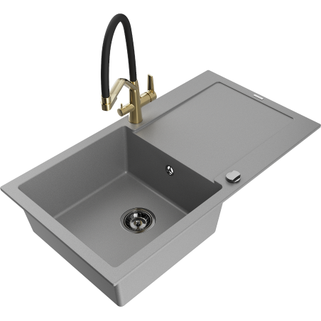 Mexen Leo granite sink 1-bowl with drainer and Duo kitchen tap, grey - 6501-71-671701-57-B
