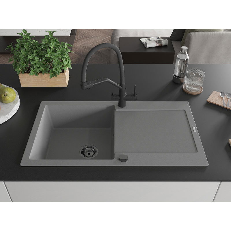 Mexen Leo lavello in granito a 1 vasca con sgocciolatoio e miscelatore cucina Duo, grigio - 6501-71-671701-70-B