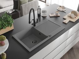 Mexen Leo granite single-bowl sink with drainer and Duo kitchen faucet, gray - 6501-71-671701-70-B
