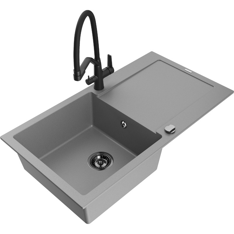 Mexen Leo fregadero de granito de 1 seno con escurridor y grifo de cocina Duo, gris - 6501-71-671701-70-B