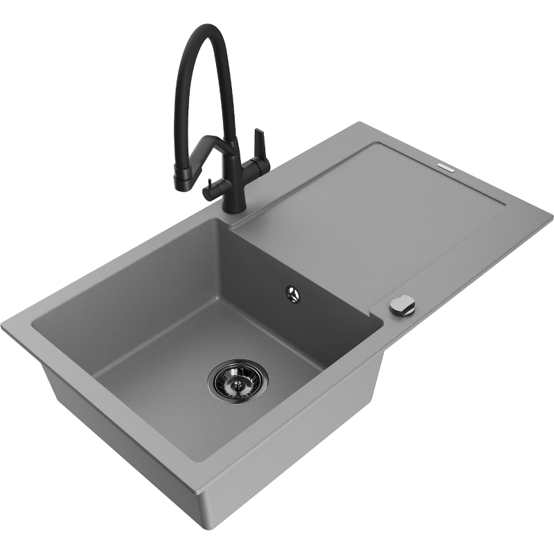 Mexen Leo lavello in granito a 1 vasca con sgocciolatoio e miscelatore cucina Duo, grigio - 6501-71-671701-70-B