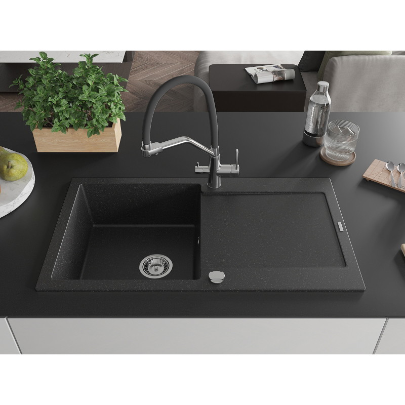 Mexen Leo Granit-Spüle 1-Becken mit Abtropffläche und Küchenarmatur Duo, schwarz/silber metallic - 6501-73-671701-07