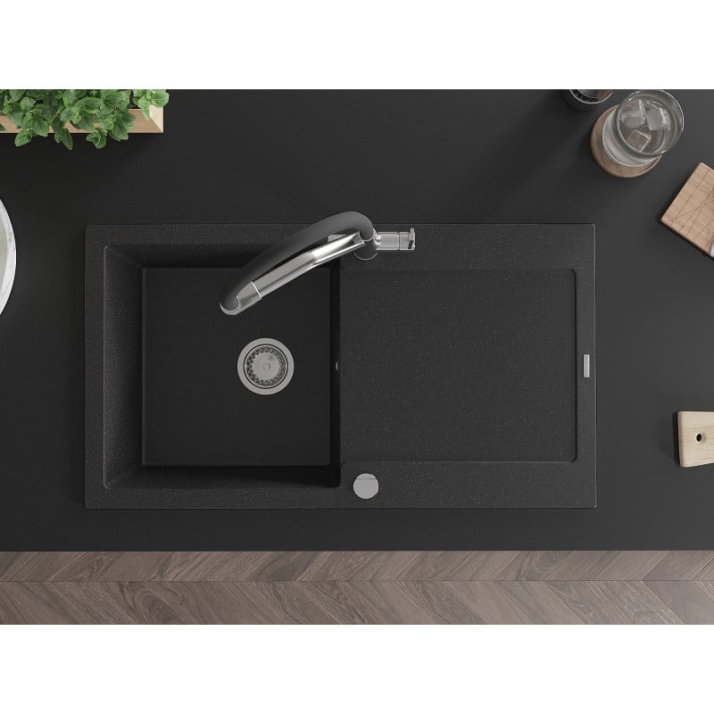 Mexen Leo Granitspüle, 1-beckig mit Abtropffläche und Küchenarmatur Duo, schwarz/silber metallic - 6501-73-671701-07