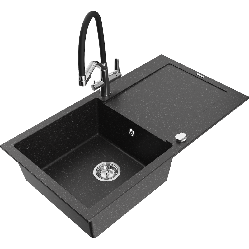 Mexen Leo fregadero de granito de 1 tazón con escurridor y grifo de cocina Duo, negro / metálico plateado - 6501-73-671701-07