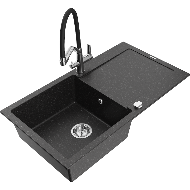 Mexen Leo lavello in granito a 1 vasca con scolapiatti e rubinetto da cucina Duo, nero/argento metallico - 6501-73-671701-07