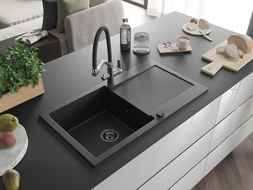 Mexen Leo granieten gootsteen 1-komor met afdruiprek en keukenkraan Duo, zwart/zilver metallic - 6501-73-671701-07-B