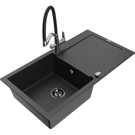 Mexen Leo granite kitchen sink single-bowl with drainer and Duo kitchen tap, black/silver metallic - 6501-73-671701-07-B