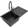 Mexen Leo granite kitchen sink single-bowl with drainer and Duo kitchen tap, black/silver metallic - 6501-73-671701-07-B
