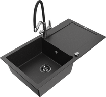 Mexen Leo granitni sudoper s jednom komorom s ocjeđivačem i kuhinjskom slavinom Duo, crni/srebrni metalik