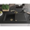 Mexen Leo Granitspüle 1-beckig mit Abtropffläche und Küchenarmatur Duo, schwarz/silbermetallic - 6501-73-671701-57-G