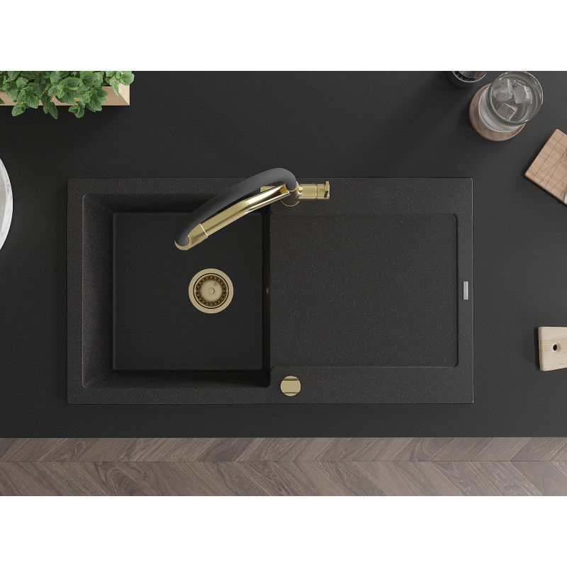 Mexen Leo Granitspüle 1-beckig mit Abtropffläche und Küchenarmatur Duo, schwarz/silbermetallic - 6501-73-671701-57-G