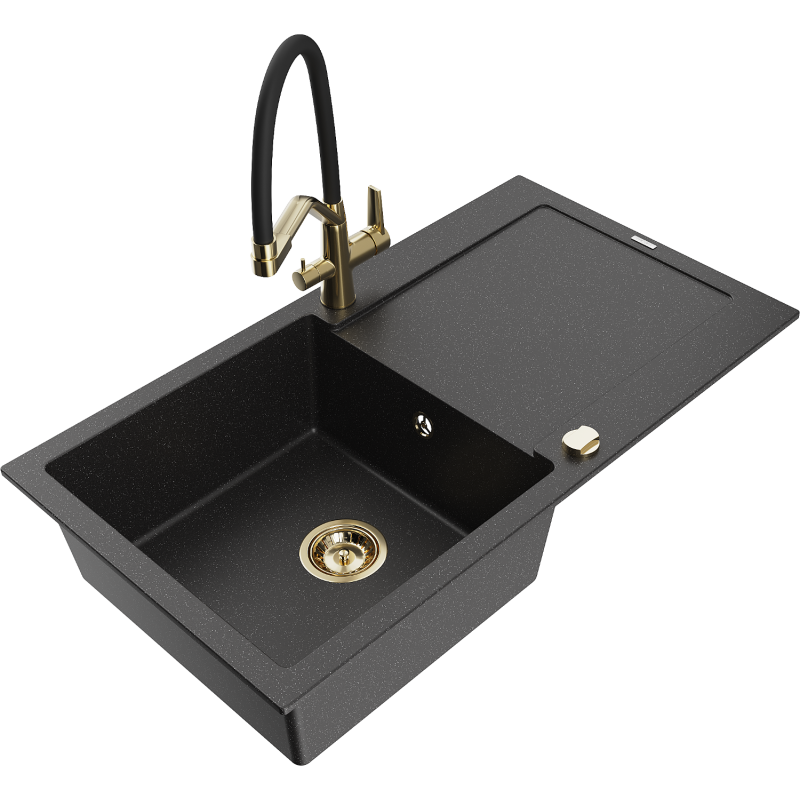 Mexen Leo Granitspüle 1-beckig mit Abtropffläche und Küchenarmatur Duo, schwarz/silbermetallic - 6501-73-671701-57-G
