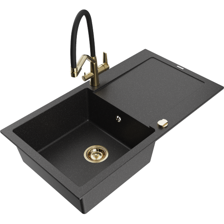 Mexen Leo granitische gootsteen met 1 bak, afdruiprek en keukenmengkraan Duo, zwart/zilver metallic - 6501-73-671701-57-G