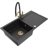 Mexen Leo granitische gootsteen met 1 bak, afdruiprek en keukenmengkraan Duo, zwart/zilver metallic - 6501-73-671701-57-G