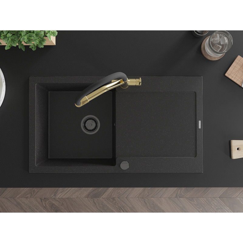 Mexen Leo Granitspüle 1-becken mit Abtropffläche und Küchenarmatur Duo, Schwarz/Silber Metallic - 6501-73-671701-57-B