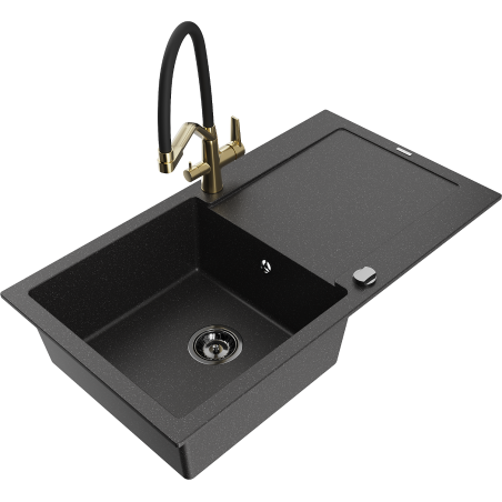 Mexen Leo granite sink 1-bowl with drainer and Duo kitchen tap, black/silver metallic - 6501-73-671701-57-B