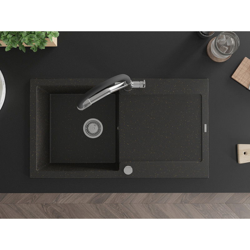 Mexen Leo 1-bowl granite sink with drainer and Duo kitchen tap, black/gold metallic - 6501-75-671701-07