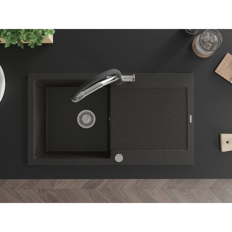 Mexen Leo granit sink 1-chamber with drainer and Duo kitchen faucet, black/gold metallic - 6501-75-671701-07