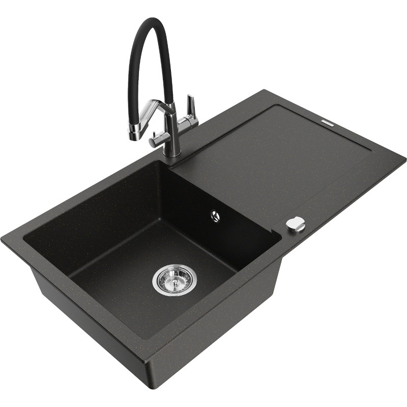 Mexen Leo fregadero de granito de 1 seno con escurridor y grifo de cocina Duo, negro/metalizado dorado - 6501-75-671701-07