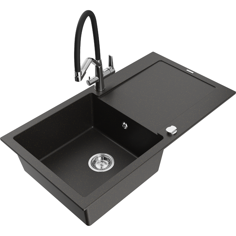 Mexen Leo fregadero de granito de 1 seno con escurridor y grifo de cocina Duo, negro/oro metálico - 6501-75-671701-07