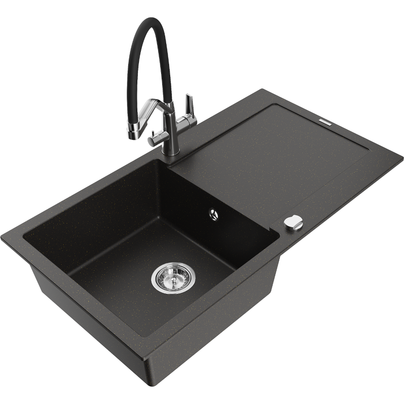 Mexen Leo granitdiskho med 1 fack med avlopp och köksblandare Duo, svart/guldmetallic - 6501-75-671701-07
