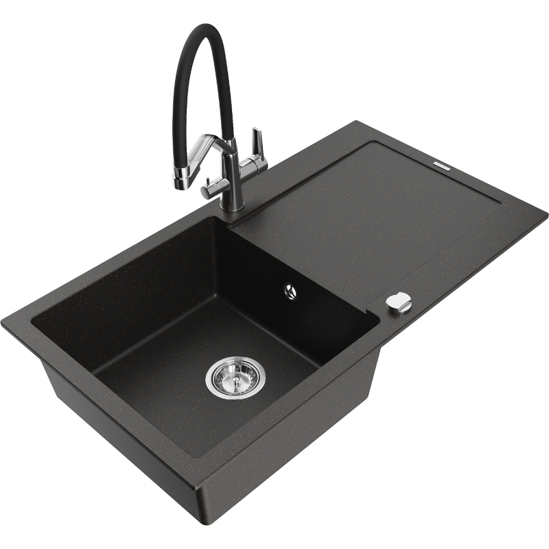 Mexen Leo lavello in granito a 1 vasca con sgocciolatoio e rubinetto cucina Duo, nero/oro metallizzato - 6501-75-671701-07