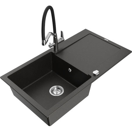 Mexen Leo fregadero de granito de 1 seno con escurridor y grifo de cocina Duo, negro/metalizado dorado - 6501-75-671701-07