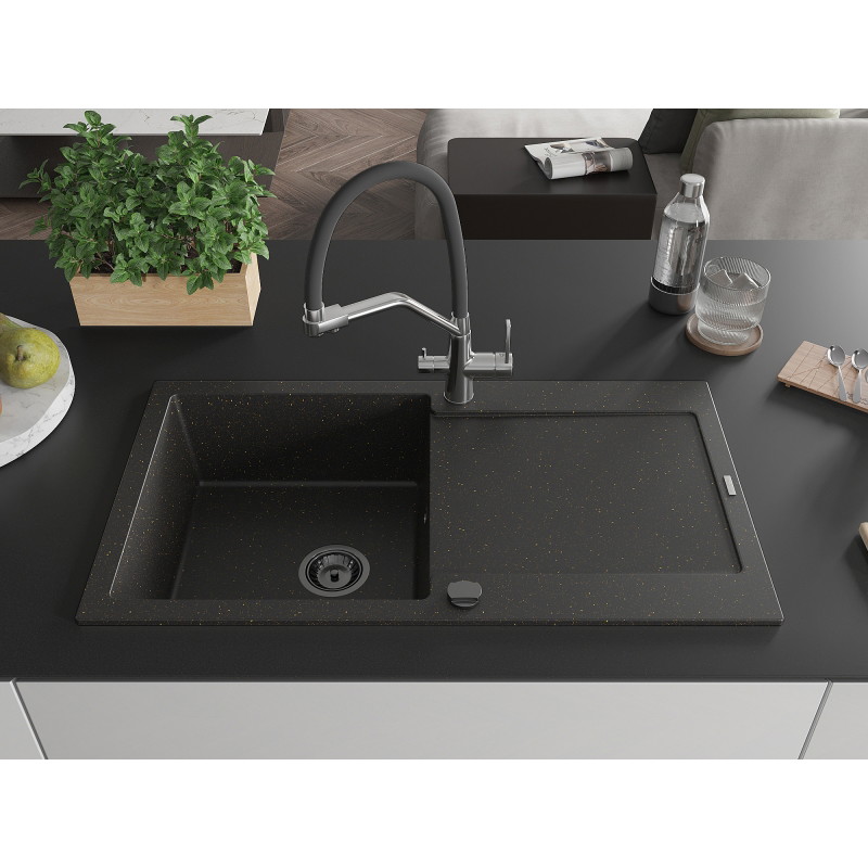 Mexen Leo granitische gootsteen 1-komorige met afdruiprek en keukenmengkraan Duo, zwart/goud metallic - 6501-75-671701-07-B