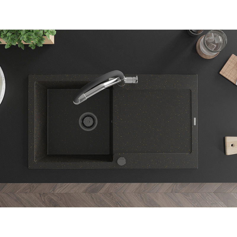 Mexen Leo Granite Kitchen Sink 1-Bowl with Drainer and Duo Kitchen Tap, Black/Gold Metallic - 6501-75-671701-07-B