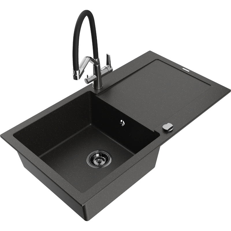 Mexen Leo granieten spoelbak 1-kom met afdruiprek en keukenmengkraan Duo, zwart/goud metallic - 6501-75-671701-07-B