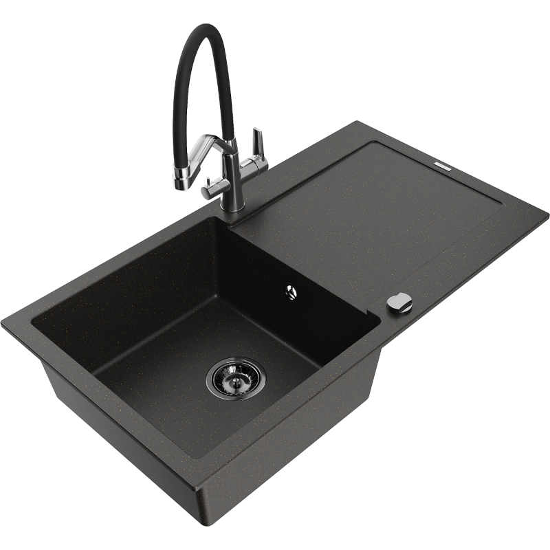 Mexen Leo lava-louça de granito de 1 cuba com escorredor e torneira de cozinha Duo, preto/ouro metálico - 6501-75-671701-07-B