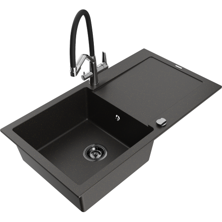Mexen Leo Granitspüle 1-Becken mit Abtropffläche und Küchenarmatur Duo, schwarz/goldmetallic - 6501-75-671701-07-B