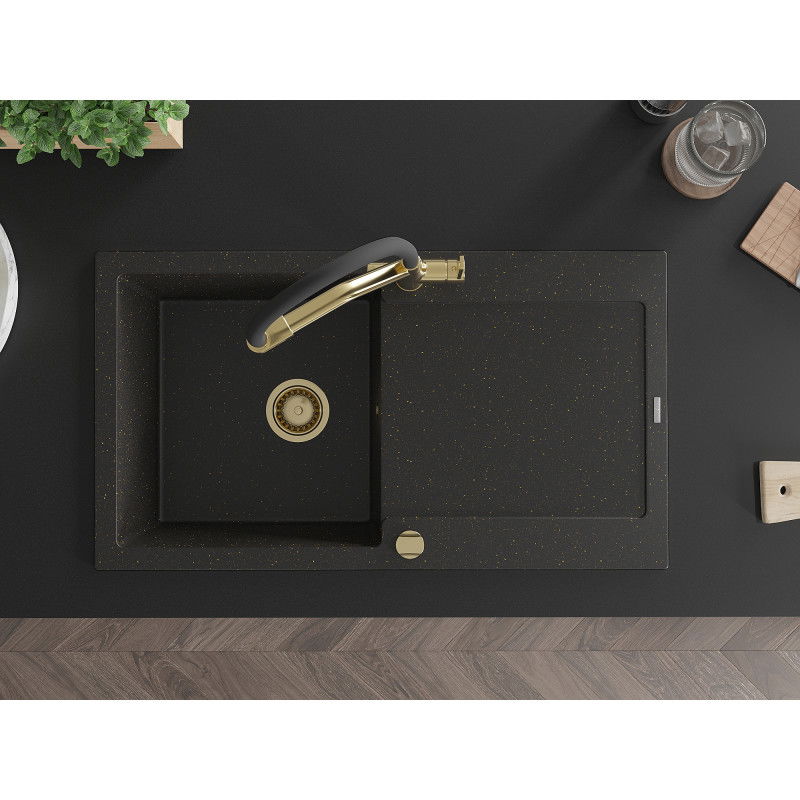 Mexen Leo granieten spoelbak met 1 kamer, afdruiprek en Duo-keukenkraan, zwart/gouden metallic - 6501-75-671701-57-G