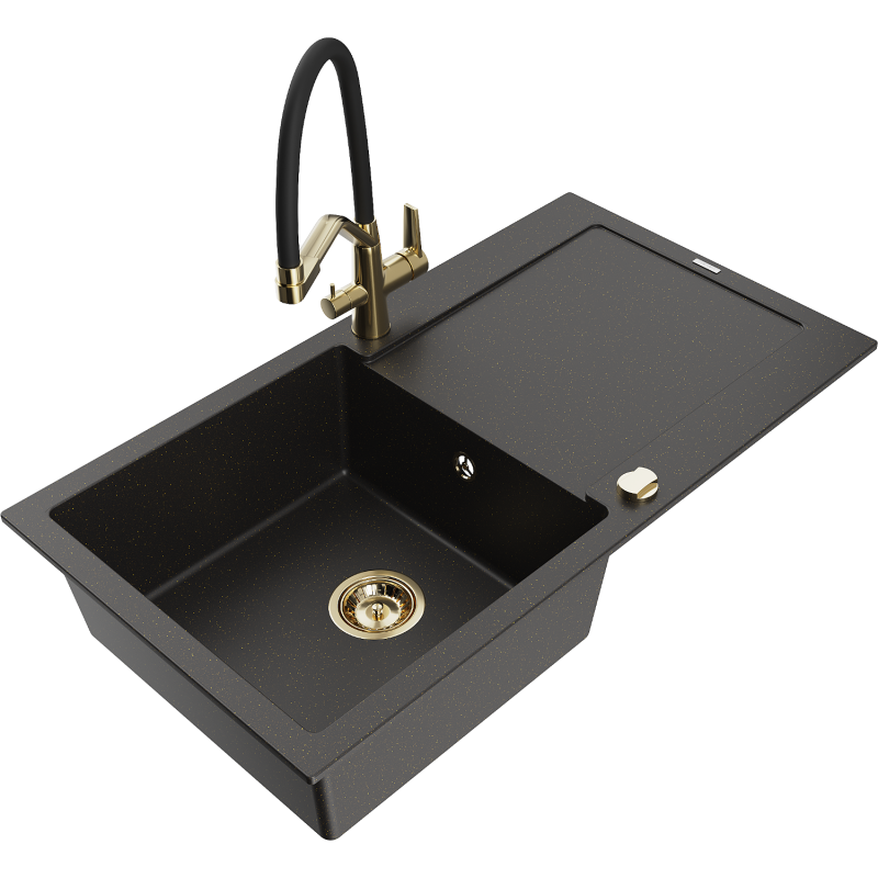 Mexen Leo lava-loiça de granito de 1 cuba com escorredor e torneira de cozinha Duo, preto/dourado metálico