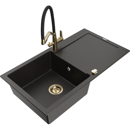 Mexen Leo 1-bowl granite sink with drainer and Duo kitchen faucet, black/gold metallic - 6501-75-671701-57-G