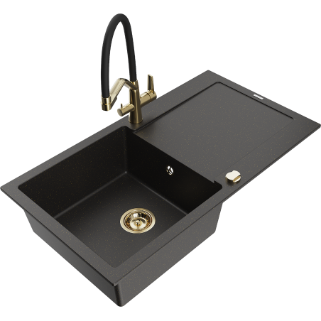 Mexen Leo granite kitchen sink, 1-bowl with drainer and Duo kitchen tap, black/gold metallic - 6501-75-671701-57-G
