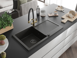 Mexen Leo lavello in granito a 1 vasca con sgocciolatoio e rubinetto da cucina Duo, nero/oro metallizzato - 6501-75-671701-57-B