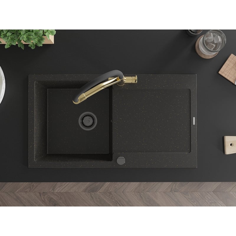 Mexen Leo granieten gootsteen met 1 bak en afdruiprek en Duo keukenmengkraan, zwart/goud metallic - 6501-75-671701-57-B