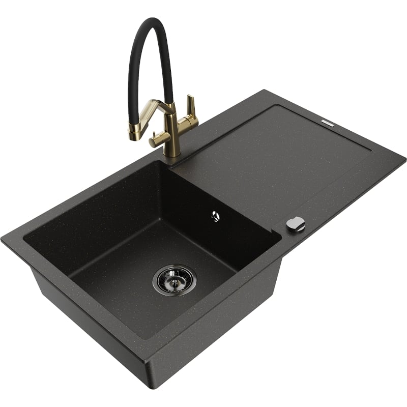 Mexen Leo granieten gootsteen met 1 bak en afdruiprek en Duo keukenmengkraan, zwart/goud metallic - 6501-75-671701-57-B